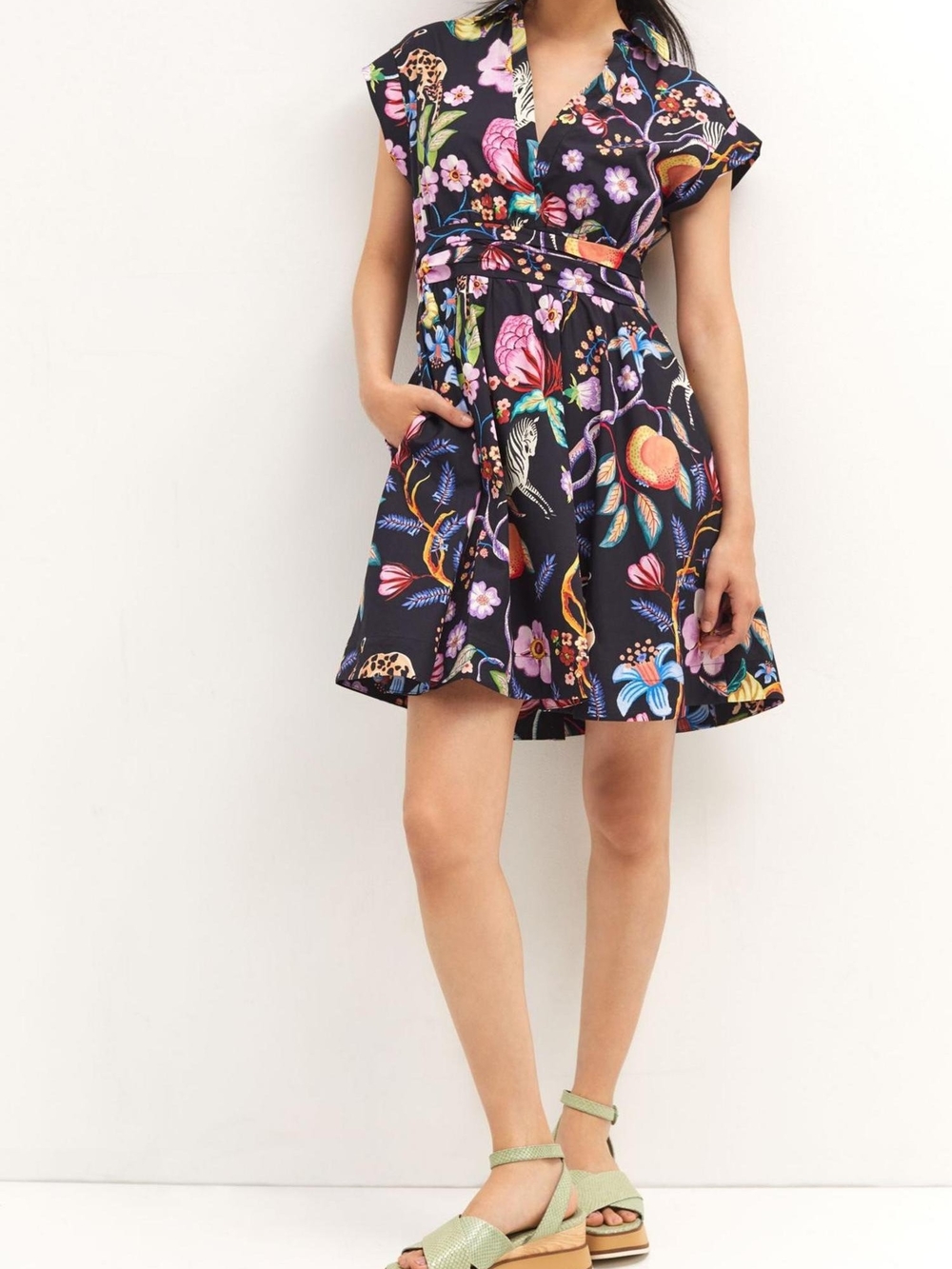 Anthropologie Black Floral V-Neck Fit & Flare Mini Dress